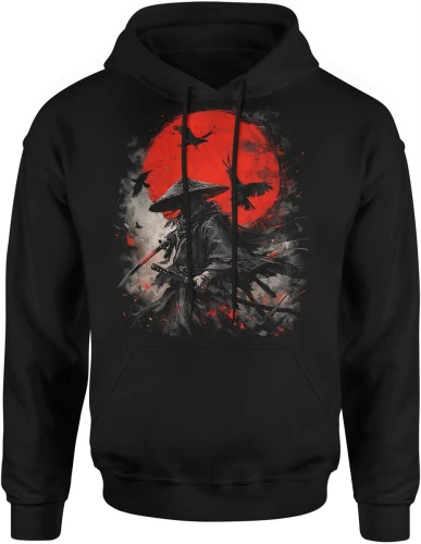 Samurai wojownik katana czerwone słońce kruki japonia mrok bushido epicki styl ninja Męska bluza z kapturem 