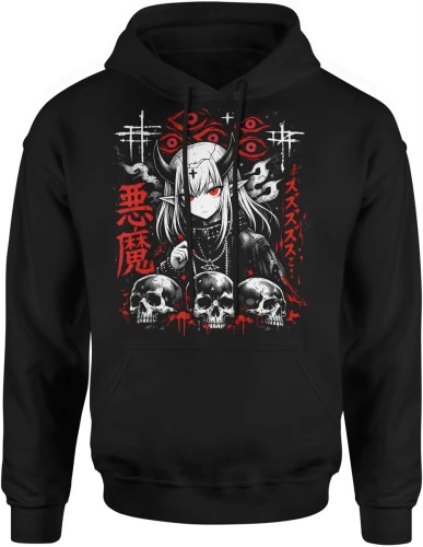 Anime demon girl czaszki mroczny styl goth manga horror japoński klimat dark Męska bluza z kapturem 