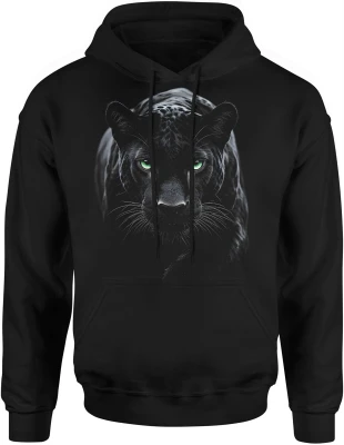 Czarna pantera zielone oczy dzikie zwierzę drapieżnik natura lew kot Męska bluza z kapturem
