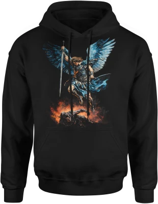 Anioł wojownik skrzydła miecz walka dobro kontra zło ogień epicka scena fantasy legenda Męska bluza z kapturem
