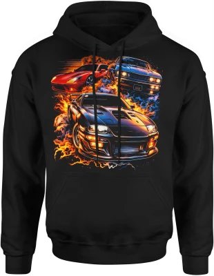 Sportowe auta ogień prędkość tuning wyścigi drift adrenalina nocne miasto motoryzacja styl Męska bluza z kapturem
