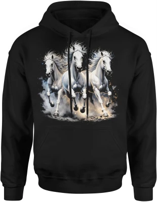 Trzy białe konie galop siła natura dynamika elegancja stado wolność Męska bluza z kapturem