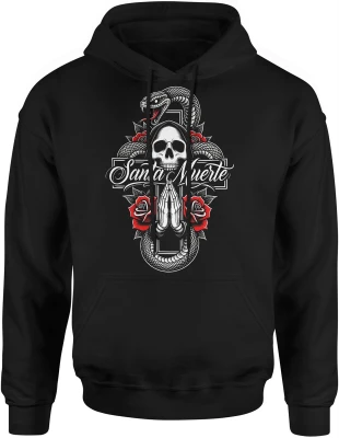 Santa Muerte czaszka róże wąż symbolika mistyczna mroczny klimat tatuaż styl Męska bluza z kapturem