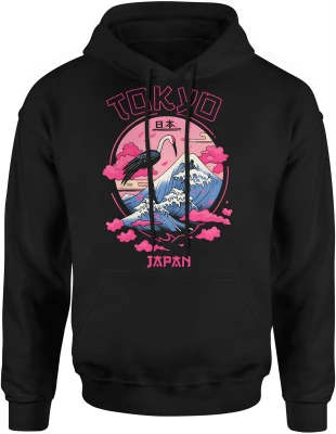 Tokio Japonia góra fala żuraw styl japoński neon klimat anime podróże kultura azjatycka Męska bluza z kapturem