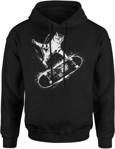 Kot na deskorolce skate trick zwierzę sport uliczny dynamiczny styl czarno biały Męska bluza z kapturem 