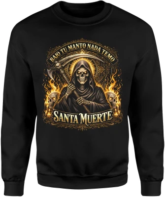 Santa Muerte złota postać śmierci kosa płomienie czaszki religijny mroczny motyw styl tattoo Męska bluza