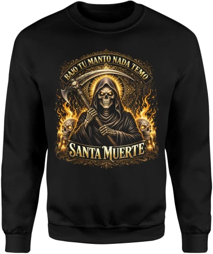 Santa Muerte złota postać śmierci kosa płomienie czaszki religijny mroczny motyw styl tattoo Męska bluza 
