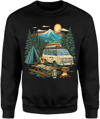 Camping góry van life zachód słońca ognisko natura las namiot podróż vintage retro klimat Męska bluza