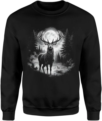 Jeleń w lesie noc księżyc natura dzikie zwierzę mgła klimat wilderness spokojny styl Męska bluza 