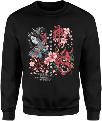 Japoński demon oni gejsza maska sakura kultura japonia samuraj klimat azjatycki styl artystyczny Męska bluza 