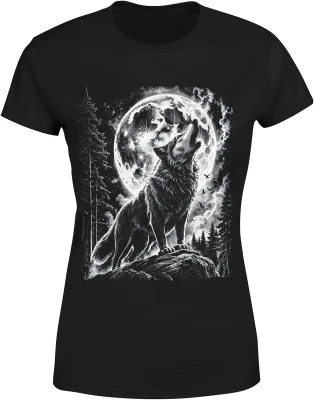 Wilk wyjący do księżyca noc las natura dzikość zwierzę mrok pełnia Damska koszulka