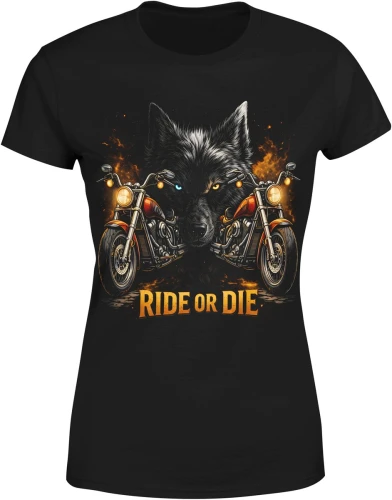 Ride or die wilk motocykle ogień biker klimat jazda wolność pasja maszyny styl Damska koszulka color:#000000