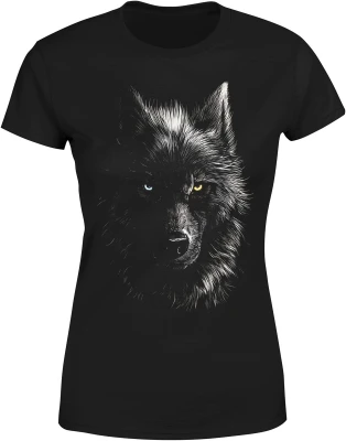 Wilk portret pół twarzy oczy kontrast dzikość natura tajemnica zwierzę mroczny styl Damska koszulka