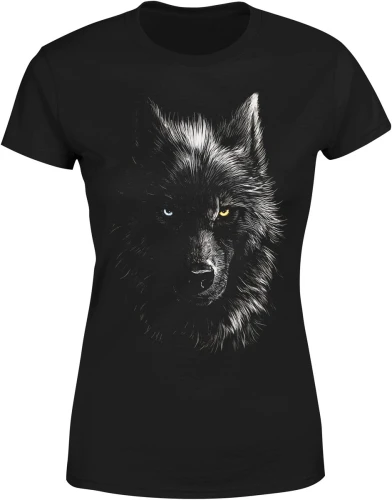 Wilk portret pół twarzy oczy kontrast dzikość natura tajemnica zwierzę mroczny styl Damska koszulka color:#000000