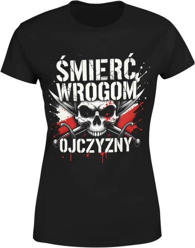Śmierć Wrogom Ojczyzny czaszka miecze patriotyczny symbol walka honor siła czerwono biała Damska koszulka color:#000000