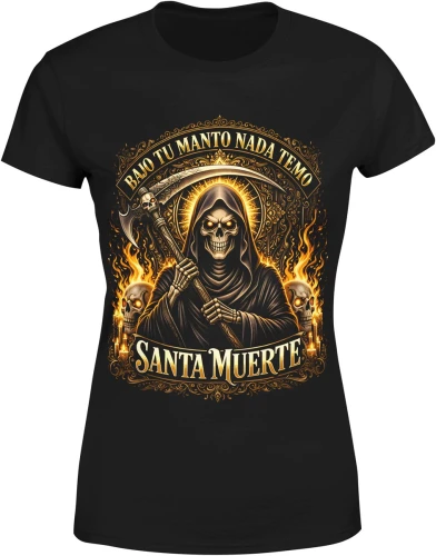 Santa Muerte złota postać śmierci kosa płomienie czaszki religijny mroczny motyw styl tattoo Damska koszulka color:#000000