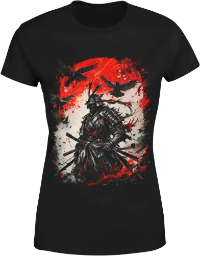 Samuraj wojownik katana kruki czerwone słońce Japonia bushido walka honor mroczny styl Damska koszulka color:#000000