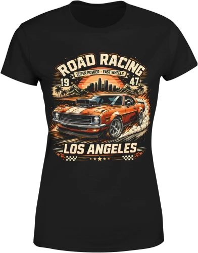 Samochód muscle car klasyk USA Los Angeles racing szybka jazda moc silnik styl Damska koszulka color:#000000