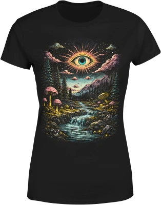 Mistyczne oko krajobraz góry las wodospad grzyby surrealizm psychodela natura fantasy Damska koszulka