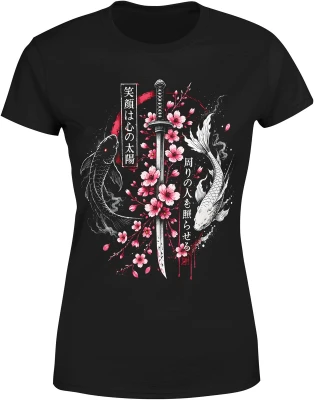 Karp koi yin yang katana sakura styl japoński zen samuraj ryba koi orientalny motyw Japonia Damska koszulka
