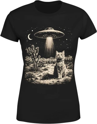 Kot ufo kosmici noc pustynia księżyc sci fi tajemnica klimat vintage space surrealizm Damska koszulka