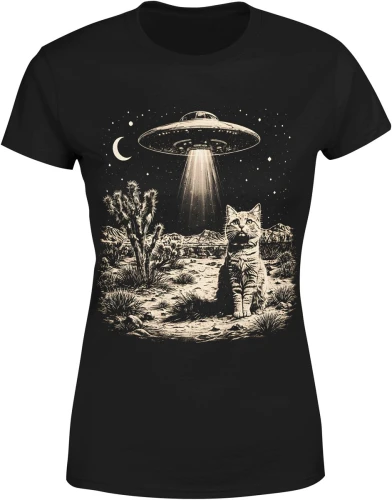 Kot ufo kosmici noc pustynia księżyc sci fi tajemnica klimat vintage space surrealizm Damska koszulka color:#000000