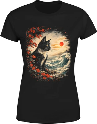 Kot ocean fale zachód słońca natura krajobraz spokój estetyka przyroda styl Damska koszulka