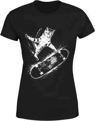 Kot na deskorolce skate trick zwierzę sport uliczny dynamiczny styl czarno biały Damska koszulka