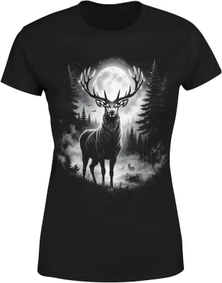 Jeleń w lesie noc księżyc natura dzikie zwierzę mgła klimat wilderness spokojny styl Damska koszulka