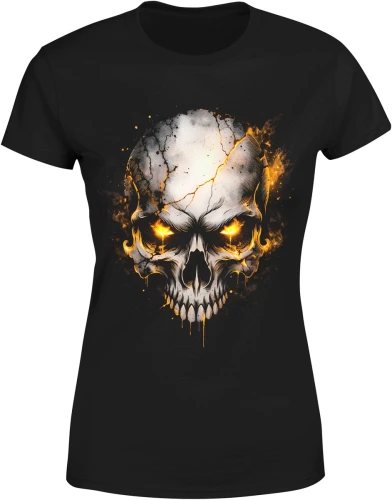 Czaszka ogień złote oczy mroczny klimat horror styl dark skull ognisty motyw streetwear Damska koszulka color:#000000