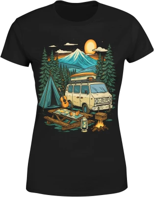 Camping góry van life zachód słońca ognisko natura las namiot podróż vintage retro klimat Damska koszulka