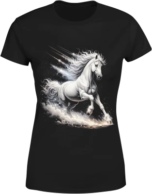 Biały koń galop kosmos gwiazdy Damska koszulka