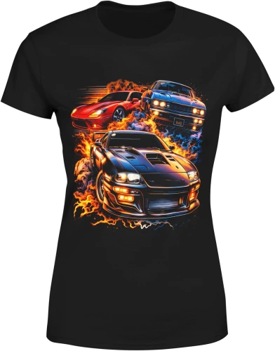 Sportowe auta ogień prędkość tuning wyścigi drift adrenalina nocne miasto motoryzacja styl Damska koszulka color:#000000