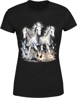 Trzy białe konie galop siła natura dynamika elegancja stado wolność Damska koszulka
