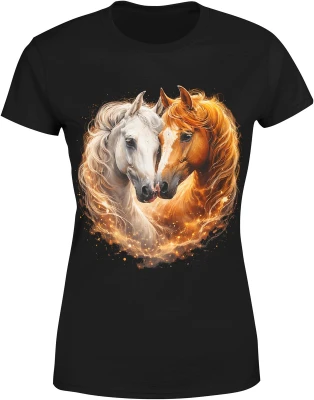 Konie miłość para zwierzęta serce romantyczny ogień magia natura piękne konie Damska koszulka