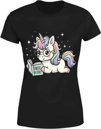 Jednorożec czytający książkę pastel kawaii fantasy magia gwiazdy cute Damska koszulka color:#000000