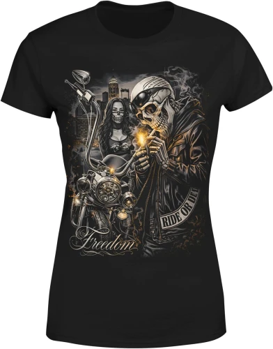 Motocykl szkielet biker ride or die wolność droga styl motoryzacyjny chopper klimat noc Damska koszulka color:#000000