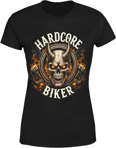 Hardcore biker motocykl czaszka płomienie stal silnik jazda moto styl Damska koszulka color:#000000