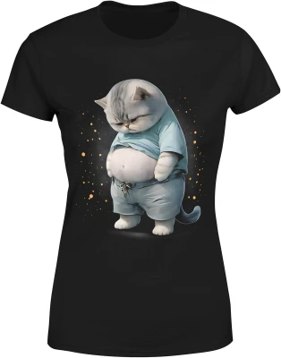 Kot gruby zabawny zwierzę humor leniwy styl uroczy kotek śmieszny wygląd mem vibe Damska koszulka