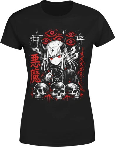 Anime demon girl czaszki mroczny styl goth manga horror japoński klimat dark Damska koszulka color:#000000