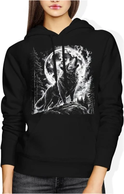 Wilk wyjący do księżyca noc las natura dzikość zwierzę mrok pełnia Damska bluza z kapturem