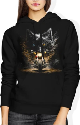 Wilk i motocykl ogień jazda wolność adrenalina biker styl droga pasja motory Damska bluza z kapturem