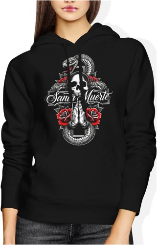 Santa Muerte czaszka róże wąż symbolika mistyczna mroczny klimat tatuaż styl Damska bluza z kapturem color:#000000