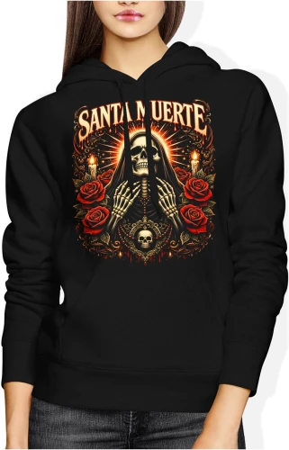 Santa Muerte czaszka róże świece mistyczny klimat religijny symbol śmierci tattoo dark styl Damska bluza z kapturem color:#000000