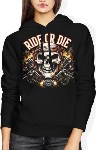 Czaszka biker motocykl ride or die ogień łańcuchy adrenalina wolność droga styl moto Damska bluza z kapturem color:#000000