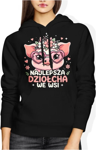 Najlepsza dziołcha we wsi świnka okulary serca kwiaty uroczy styl wiejski humor dziewczyna Damska bluza z kapturem color:#000000