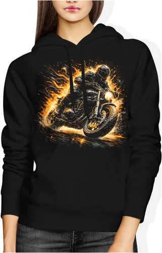 Motocyklista w płomieniach szybka jazda noc adrenalina ogień dynamiczna akcja biker klimat Damska bluza z kapturem color:#000000