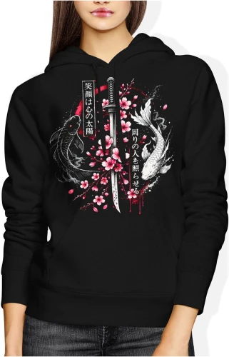 Karp koi yin yang katana sakura styl japoński zen samuraj ryba koi orientalny motyw Japonia Damska bluza z kapturem color:#000000