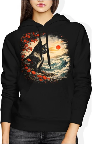 Kot ocean fale zachód słońca natura krajobraz spokój estetyka przyroda styl Damska bluza z kapturem color:#000000