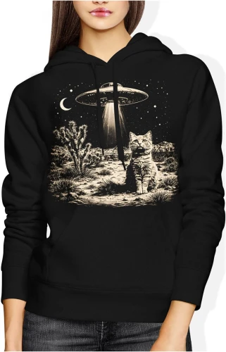 Kot ufo kosmici noc pustynia księżyc sci fi tajemnica klimat vintage space surrealizm Damska bluza z kapturem color:#000000
